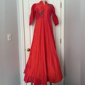RAAS INDIAN PAKISTANI SILK WOMEN’S EVENING PARTY DRESS SIZE LG NWT ORANGE/PINK